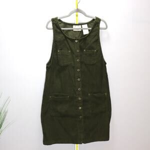 Erika Olive Corduroy Button Front Jumper Dress Pockets Size M